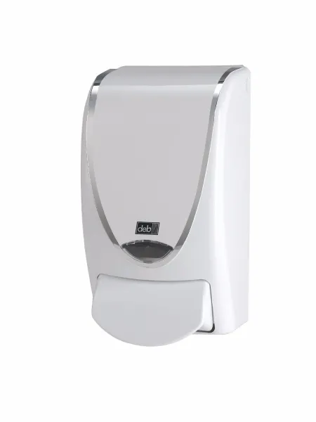 Deb Stoko White Silverline dispenser, i vit plast med silverfärgad kant, 1 L